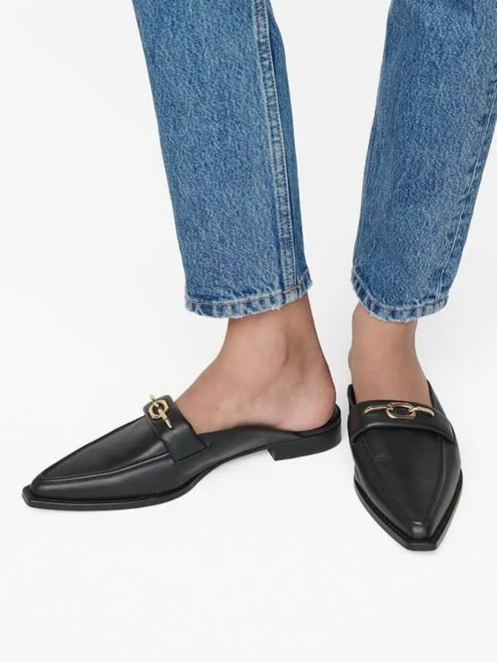 Anine Bing Black Leather Pointed-Toe Mule Loafers Gold Hardware EU 38